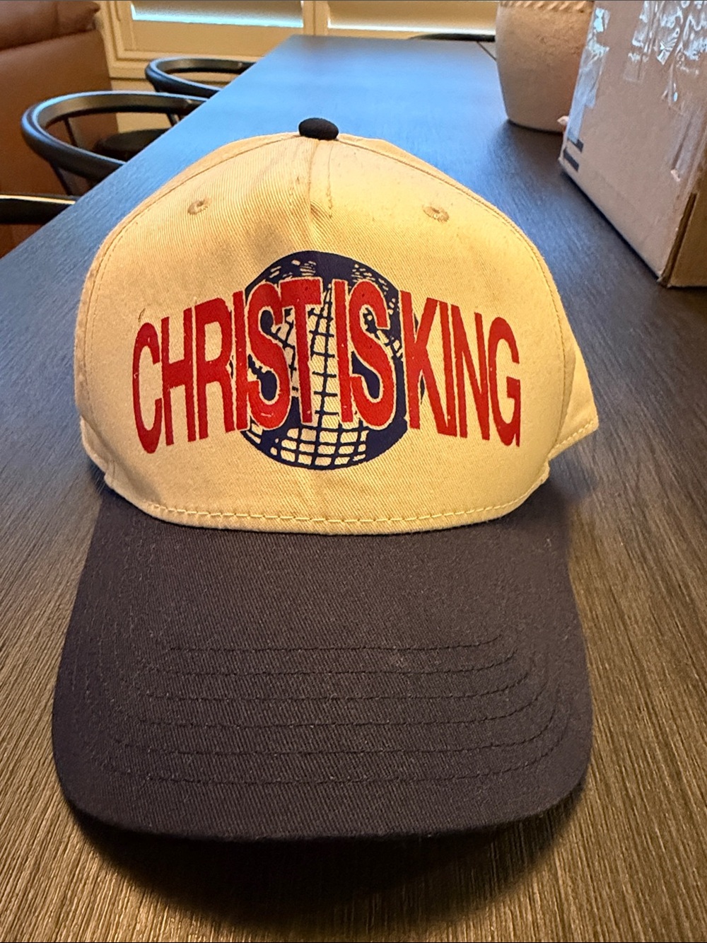 Vintage Christ Is King Two-Tone Baseball Cap - Red & Navy Logo